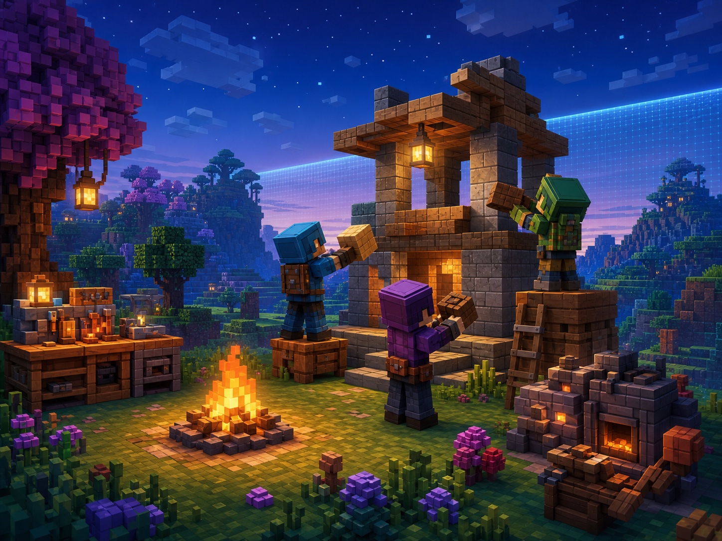 Three voxel players building a block structure together at night.
